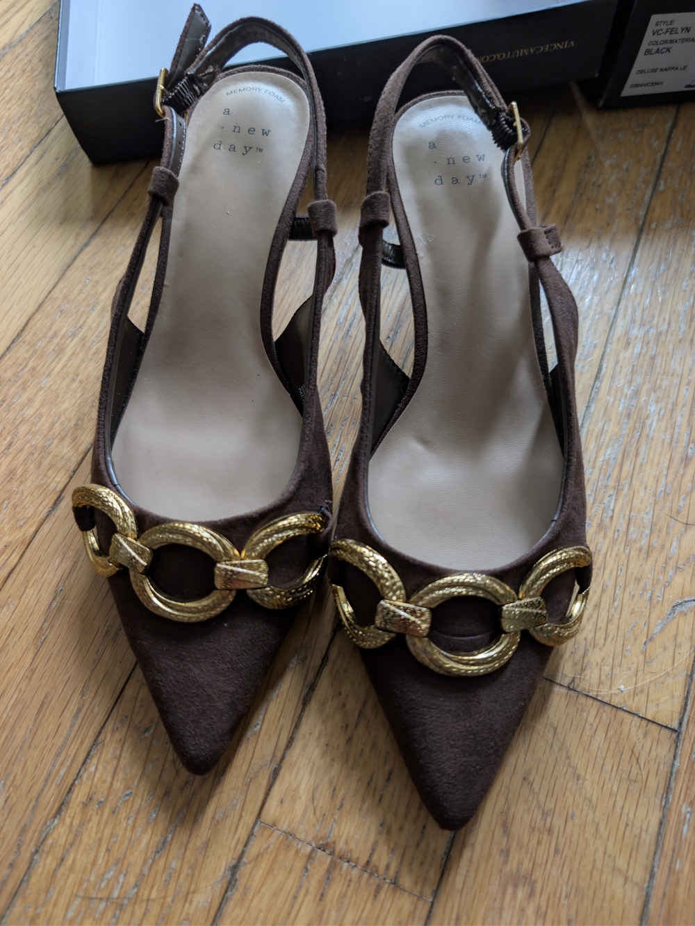 a new day Brown Pointed Slingback Heels with Gold Chain Detail